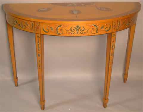 Appraisal: GEORGE III STYLE PAINTED SATINWOOD-STAINED DEMI LUNE TABLE the top