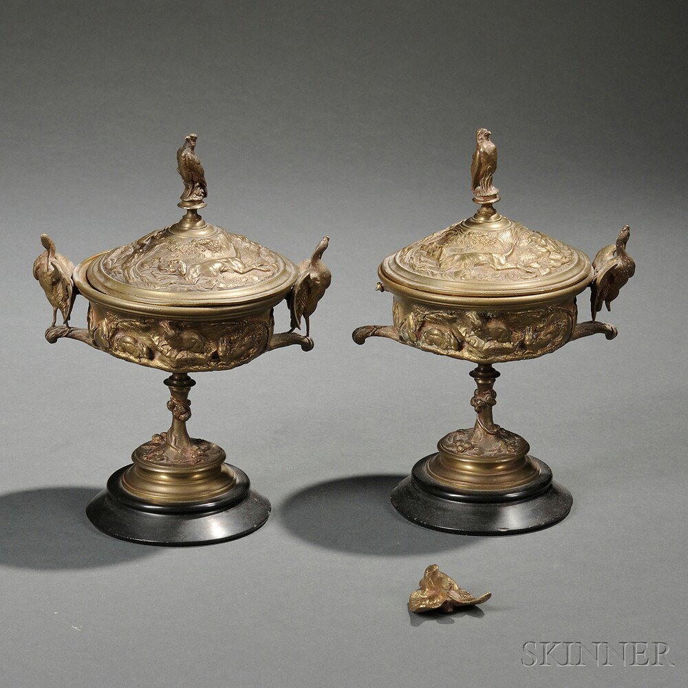 Appraisal: Jules Moigniez French - Pair of Bronze Covered Urns ovoid