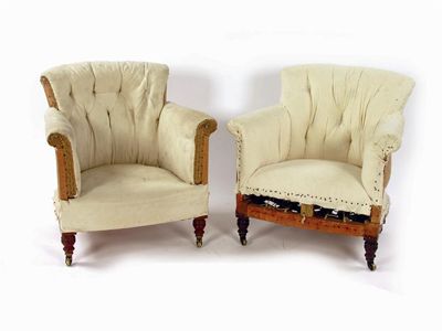 Appraisal: Howard and Sons Two similar easy armchairs un-upholstered one on