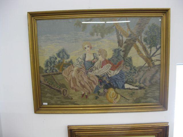 Appraisal: Framed Needlepoint courting scene of couple in the garden x