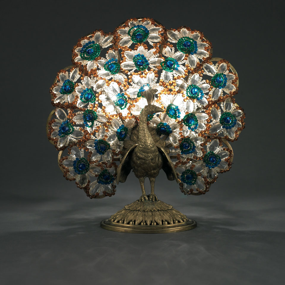 Appraisal: Continental Gilt Brass and Coloured Glass Peacock Lamp early th