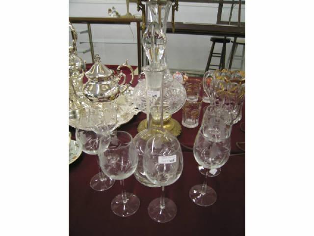 Appraisal: Etched Crystal Decanter with six wine glasses