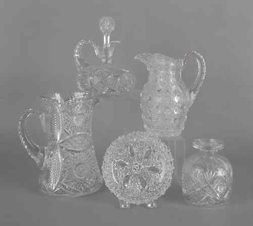 Appraisal: Two brilliant cut glass pitchers together with two decanters and