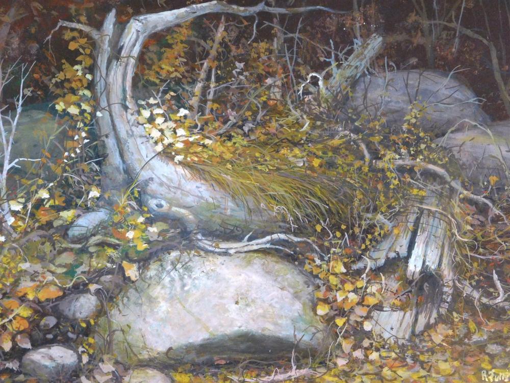 Appraisal: Oil on panel autumn scene with fallen log realistically painted