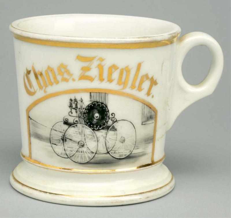 Appraisal: Steam-Driven Mechanism Shaving Mug Gilded Chas Ziegler Nice detailed image