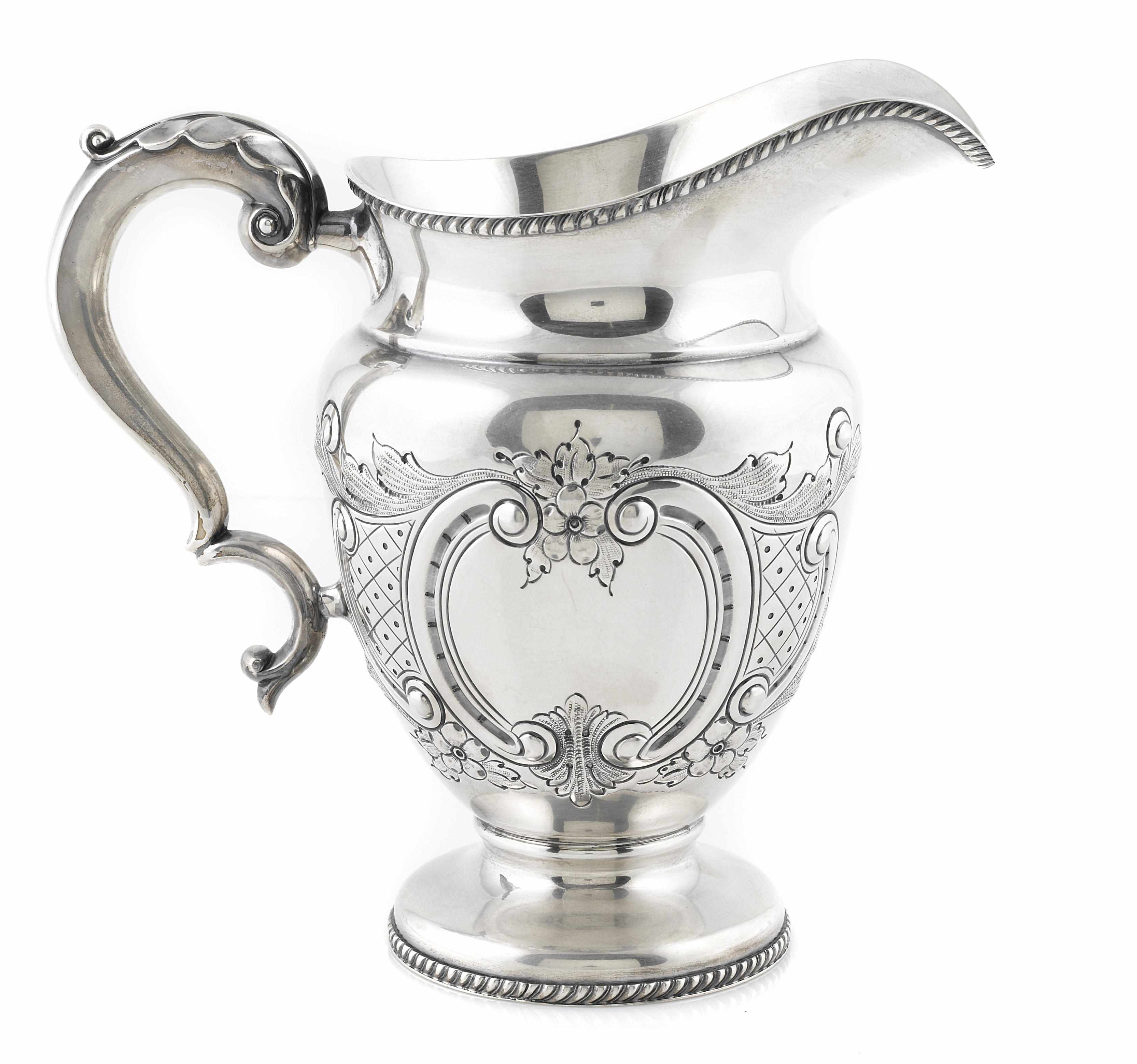 Appraisal: An American sterling silver hand-chased repousse-decorated water pitcher probably Durham