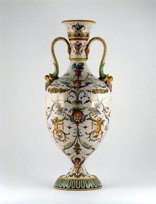 Appraisal: A Ginori maiolica two-handled vase painted with grotesque masks putti