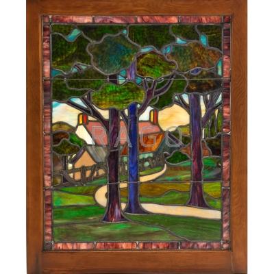 Appraisal: ARTS CRAFTS Large leaded glass window depicting a farm landscape