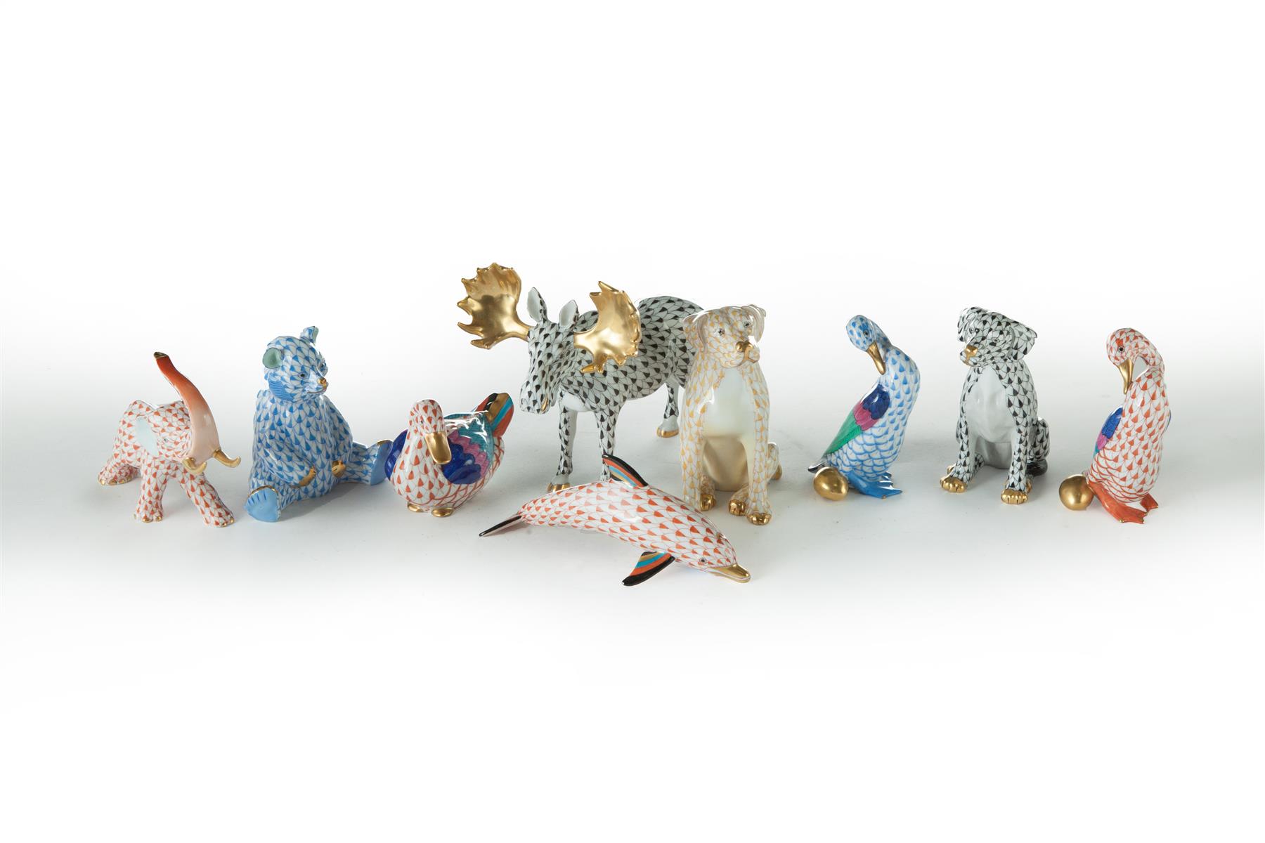 Appraisal: NINE PIECES OF HEREND CHINA ANIMAL FIGURES Hungary nd half-