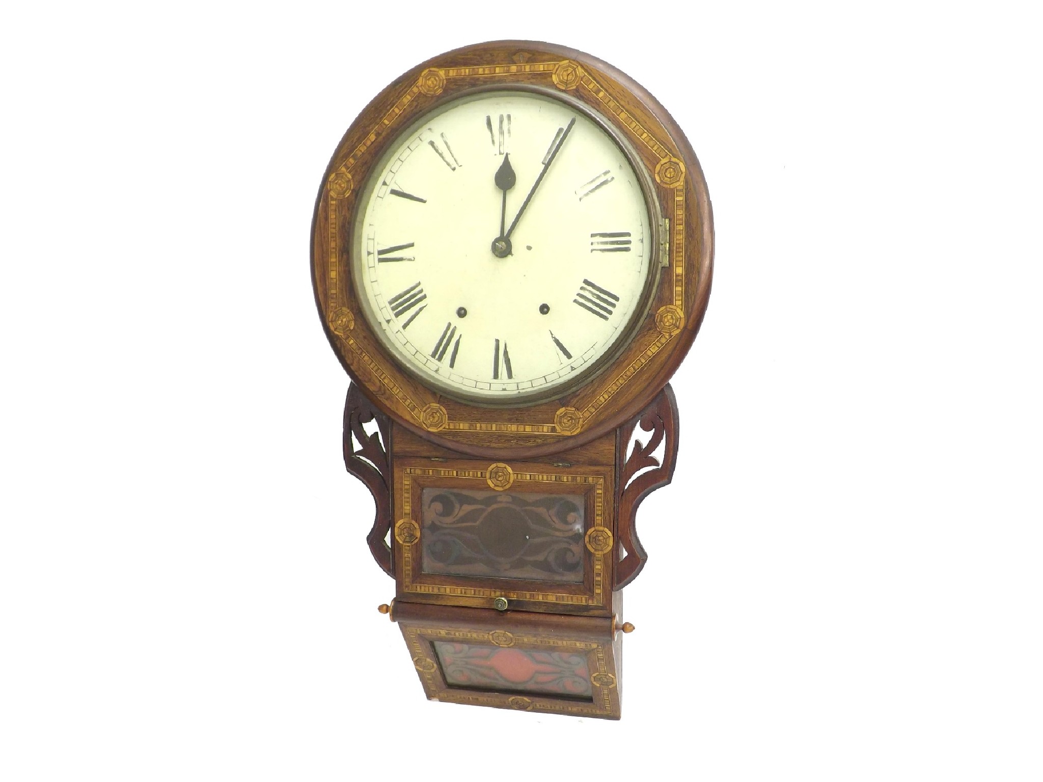 Appraisal: American rosewood inlaid two train drop dial wall clock pendulum