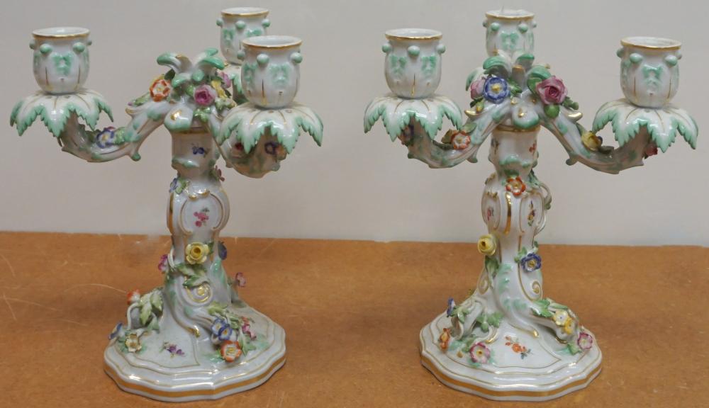 Appraisal: Pair of Meissen Floral Encrusted Porcelain Three Light Candelabra H