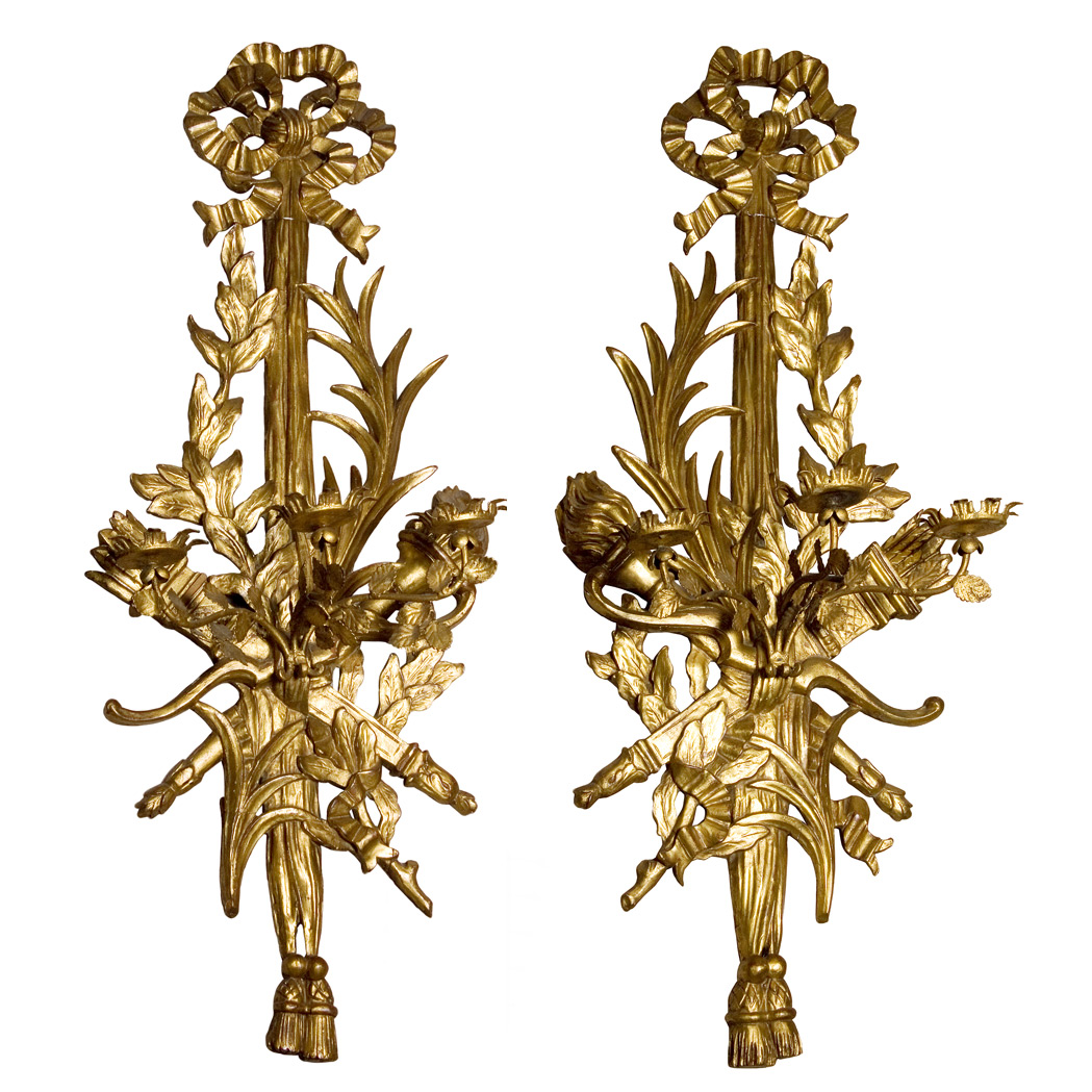 Appraisal: Pair of Louis XVI Style Gilt-Wood Three-Light Sconces Height inches