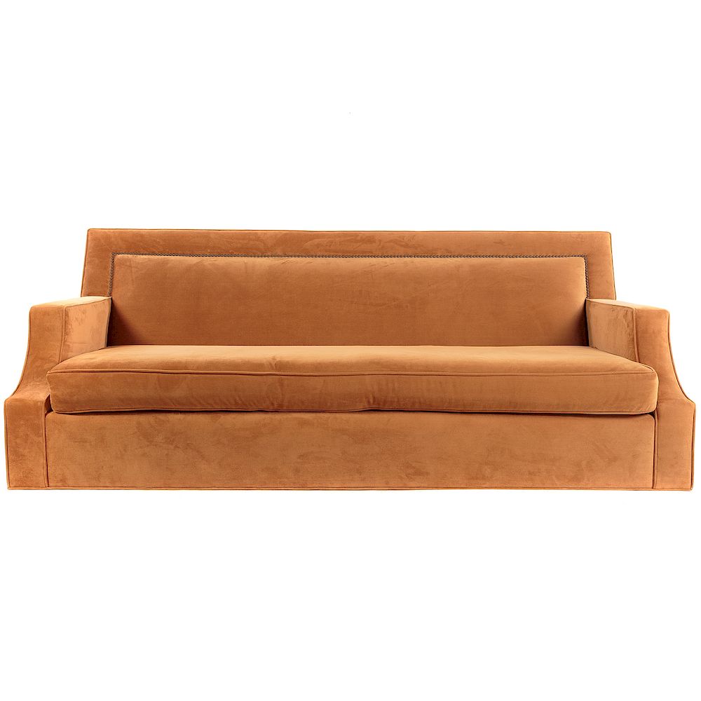 Appraisal: Burnt Umber Velvet Sofa th st century flat top brass