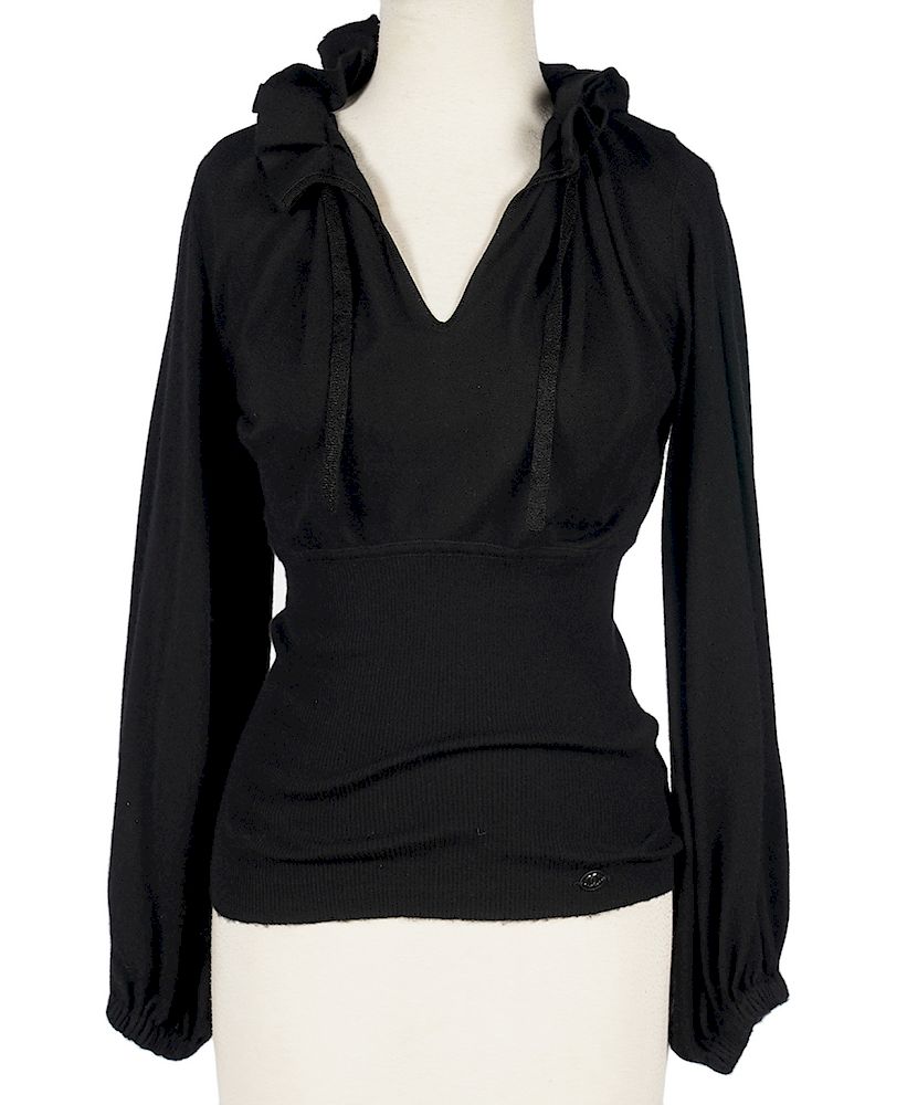 Appraisal: Chanel Black Cashmere Ruffled Neck Sweater Sz Chanel Black Cashmere