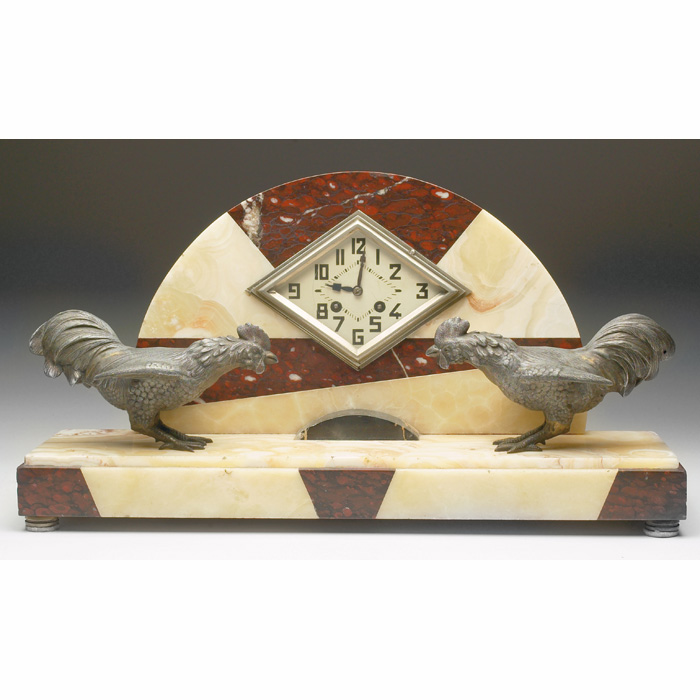 Appraisal: Art Deco clock diamond shape with two roosters mounted on