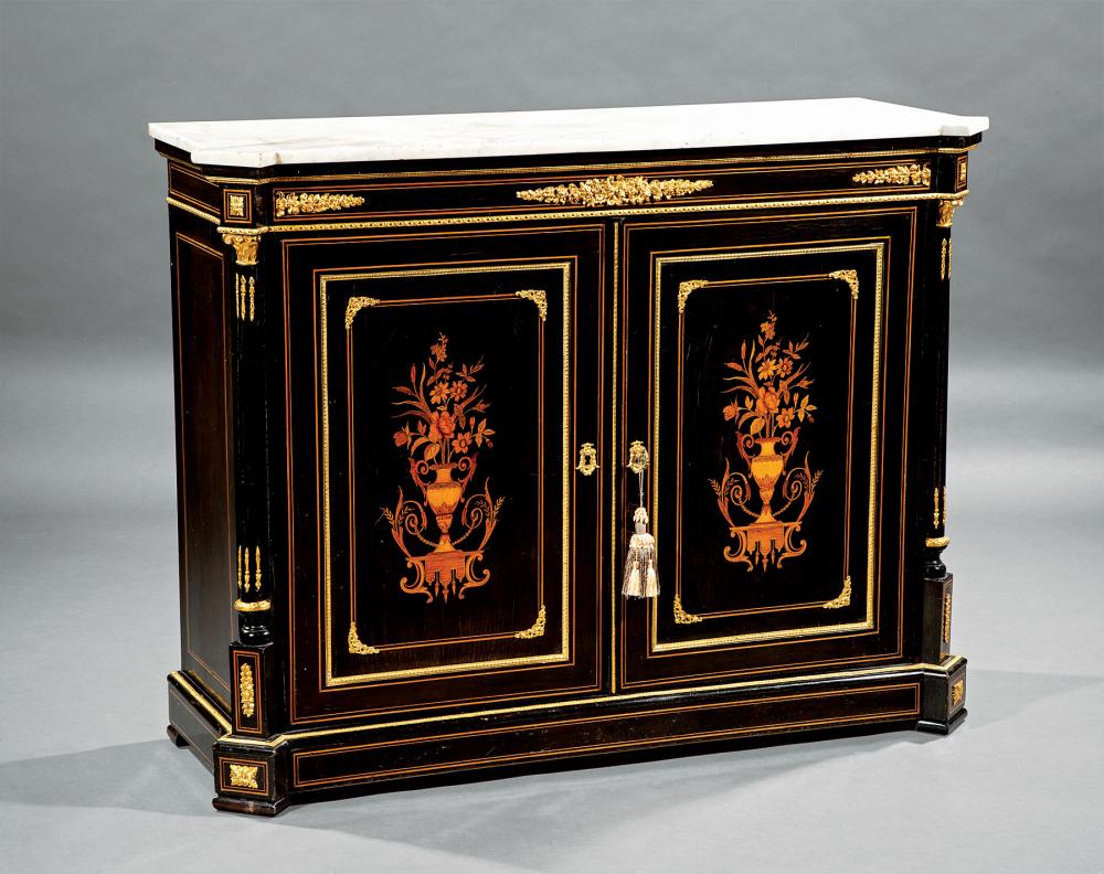 Appraisal: Antique Continental Bronze-Mounted Ebonized and Marquetry Parlour Cabinet shaped marble