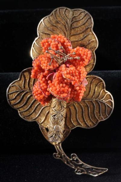 Appraisal: Stamped China Silver Floral Vinaigrette Pin Description Coral threaded beads