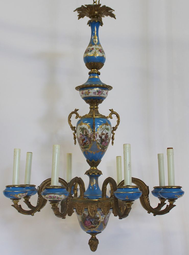 Appraisal: Large Impressive Bronze And Porcelain Chandelier A beautiful chandelier with