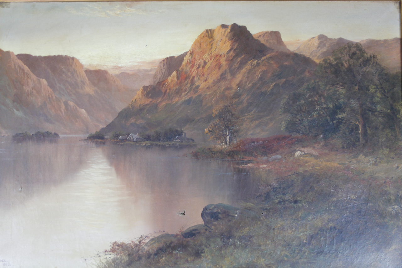 Appraisal: J Boel fl Twilight mountainous landscape with river before cottage