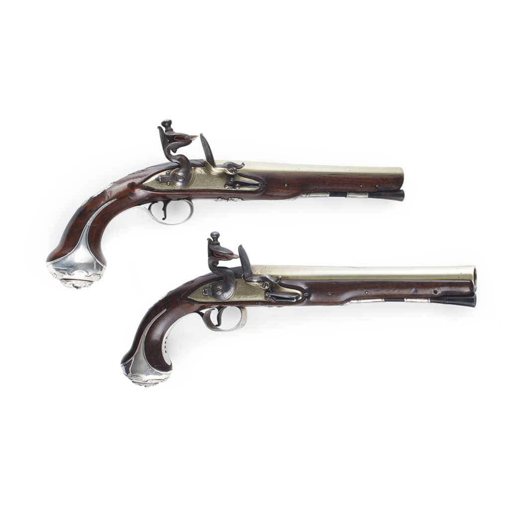 Appraisal: PAIR OF SILVER MOUNTED FLINTLOCK HOLSTER PISTOLS BY DANIEL MOORE