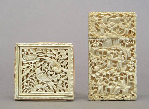 Appraisal: Two th Century Chinese export miniature ivory decorations Including a