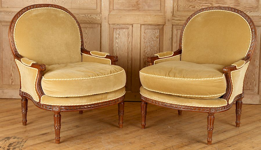 Appraisal: PAIR LOUIS XVI STYLE BERGERE CHAIRS BY CENTURY A pair