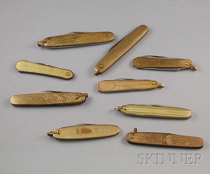 Appraisal: Nine Gold-filled Pocketknives some bright-cut lg to in