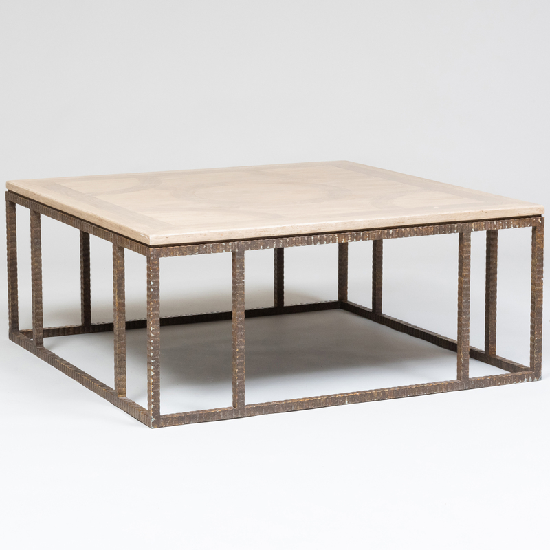 Appraisal: Modern Painted Metal and Pickled Oak Parquetry Low Table x