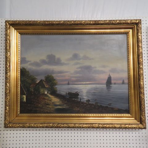 Appraisal: H P Engman oilsunset landscape with boats and cottage along