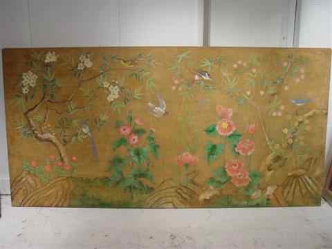 Appraisal: CHINESE PAINTED PAPER PANEL ON BOARD SIGNED DEPICTING BIRDS AND