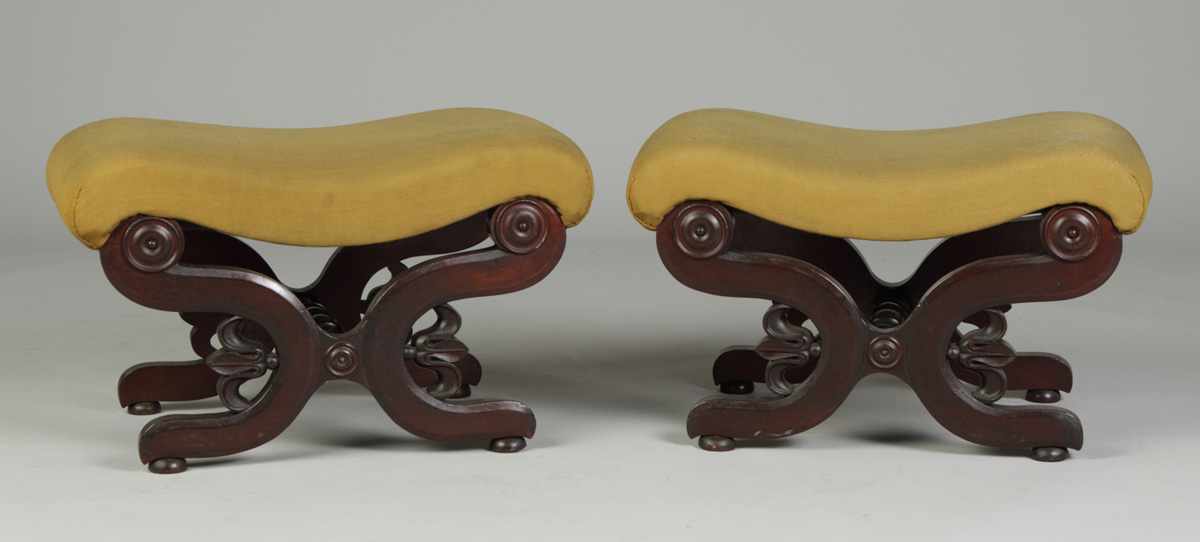 Appraisal: Pair of Empire Style Mahogany Side Chairs w Similar Footstools