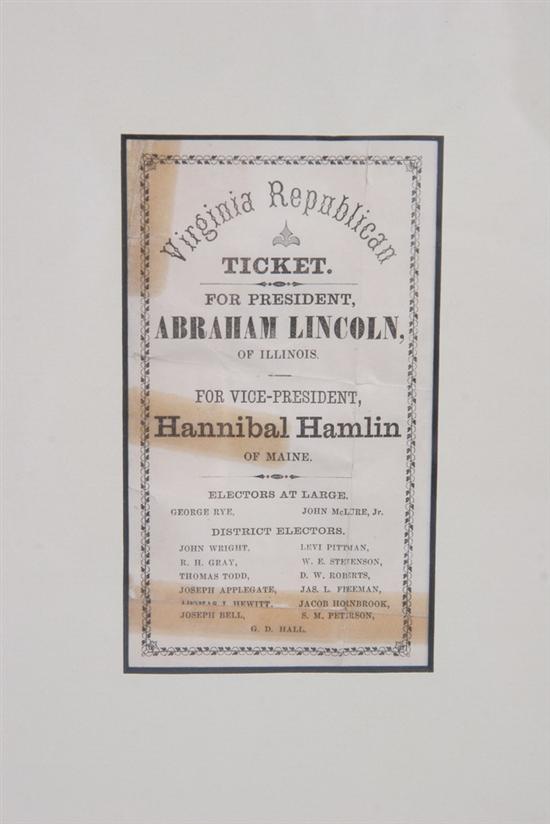 Appraisal: LINCOLN CAMPAIGN TICKET Virginia Republican Ticket Lincoln and Hannibal Hamlin