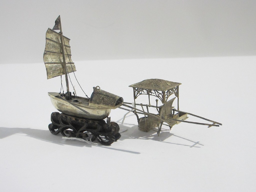 Appraisal: A lot comprising a Chinese white model junk and rickshaw