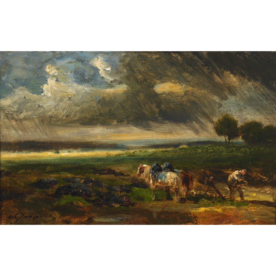 Appraisal: Charles Emile Jacque - French CLEANING THE PLOW Oil on