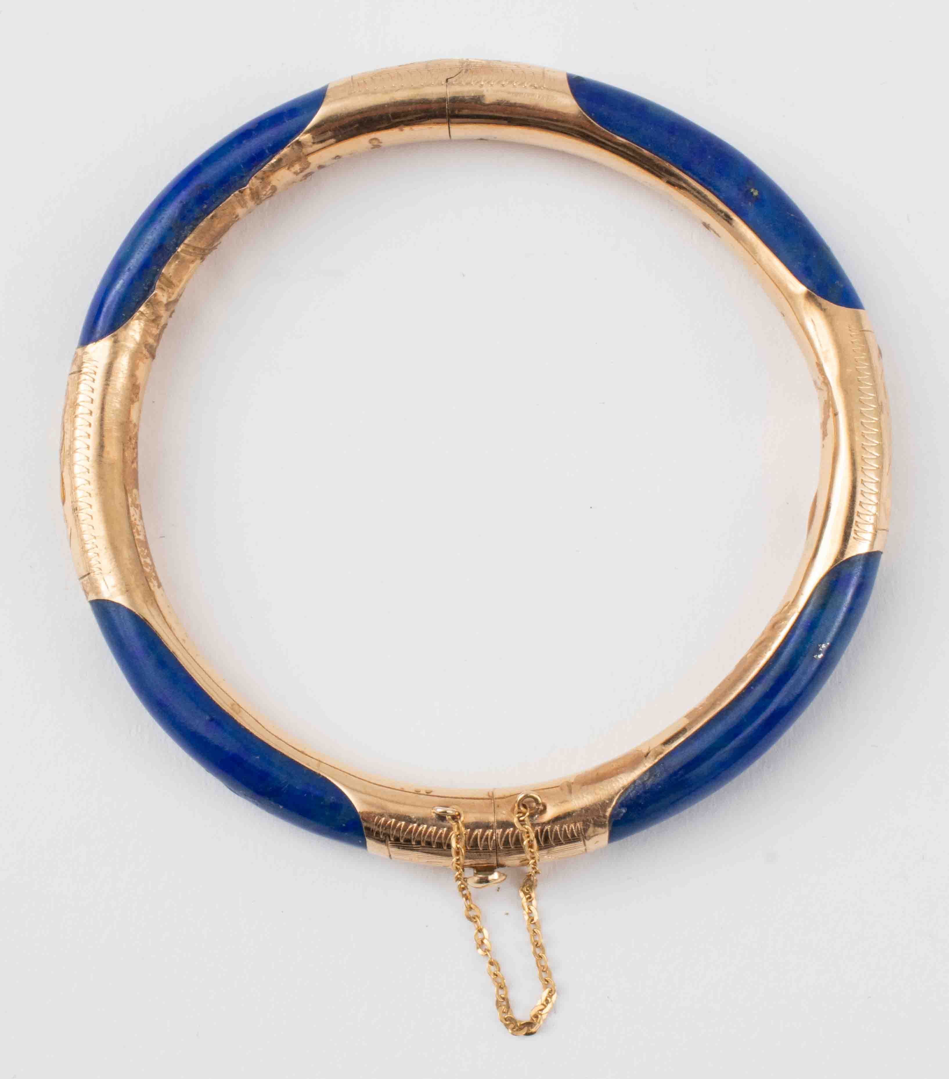 Appraisal: K YELLOW GOLD LAPIS LAZULI BANGLE BRACELET Vintage Chinese style