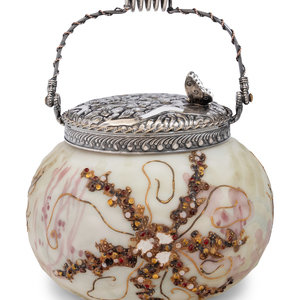 Appraisal: A Crown Milano Paint-Decorated Glass Cracker Jar Mt Washington Glass