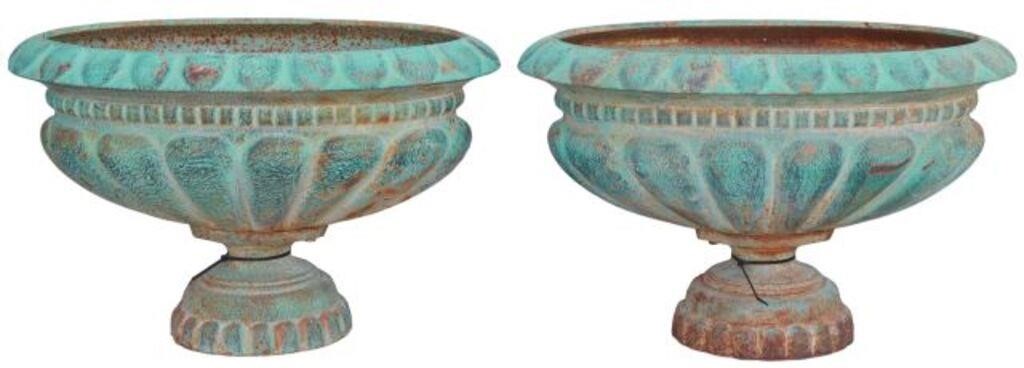 Appraisal: pair Verdigris patinated cast iron garden urn planters oblong shaped