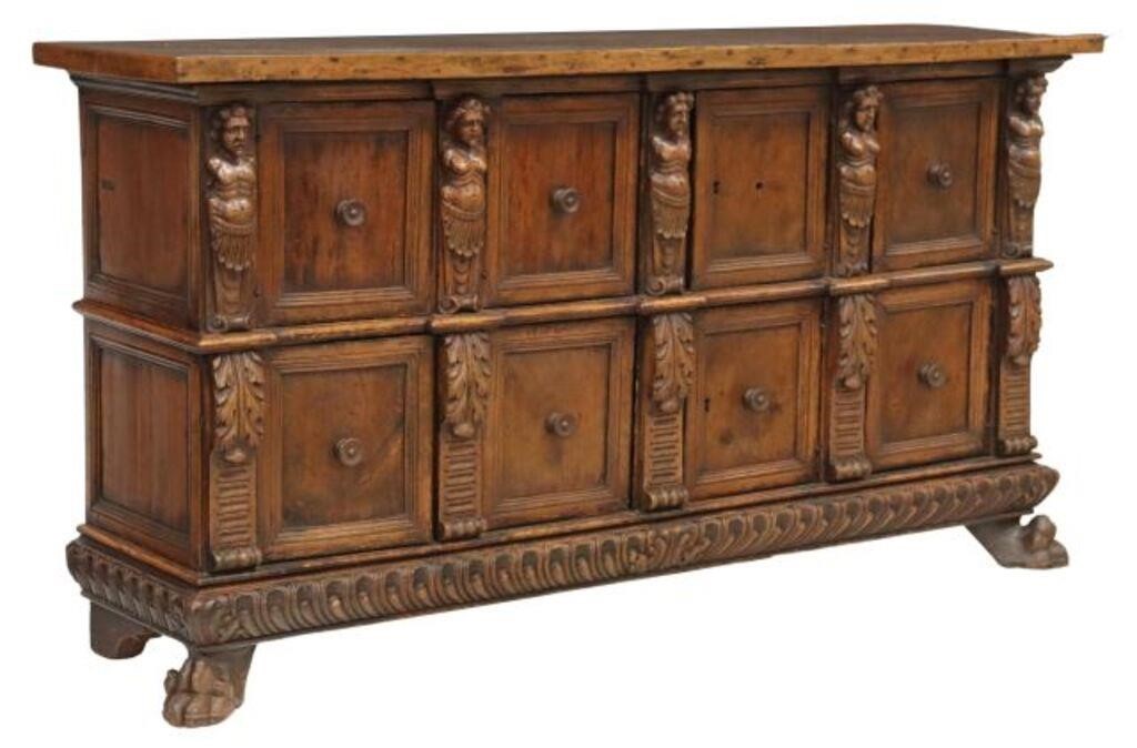 Appraisal: Italian walnut console cabinet th th c case with carved