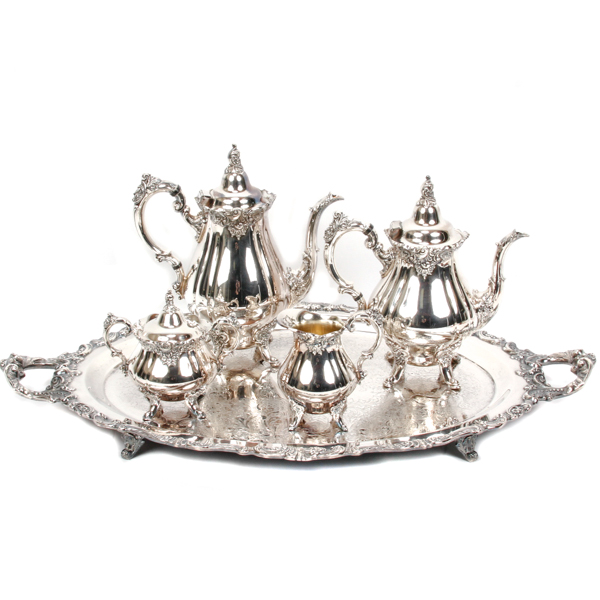 Appraisal: Wallace Grand Baroque Silver Plated Tea Service Includes tray tea