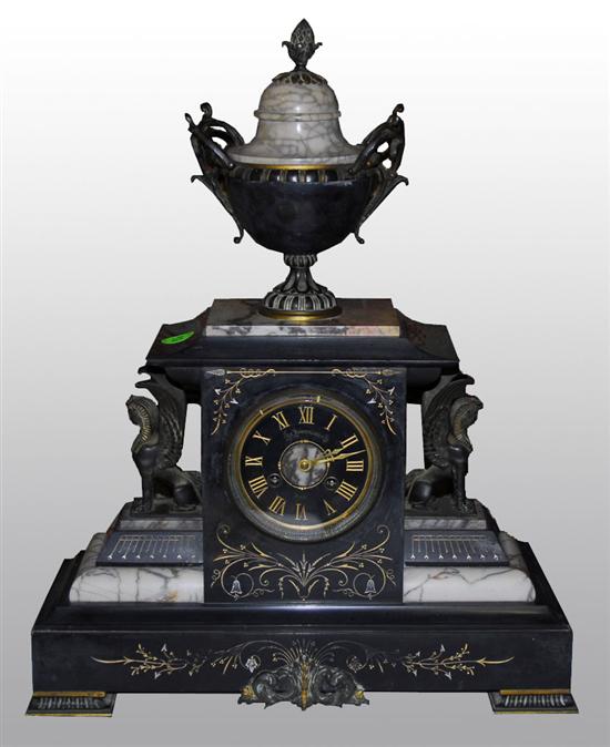 Appraisal: RENAISSANCE REVIVAL MARBLE ONYX GILT AND PATINATED BRONZE MANTLE CLOCK