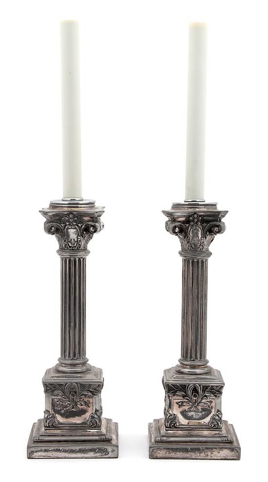 Appraisal: A Pair of English Silverplate Corinthian Column-Form Candlesticks Height overall