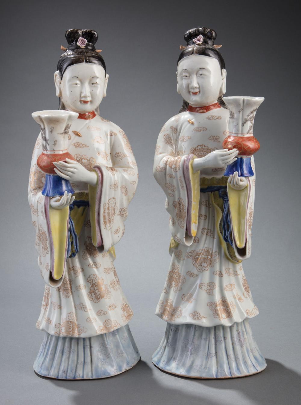 Appraisal: Pair of Chinese Famille Rose Porcelain Candle Holders modeled as