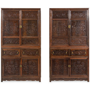 Appraisal: A Pair of Chinese Export Carved Hardwood Cabinets Early th