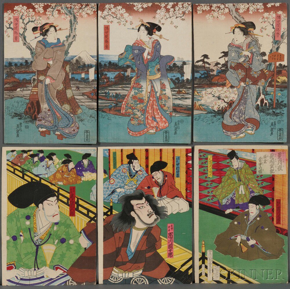 Appraisal: Seven Woodblock Triptychs Japan th century Yoshitora Ichimosai - s