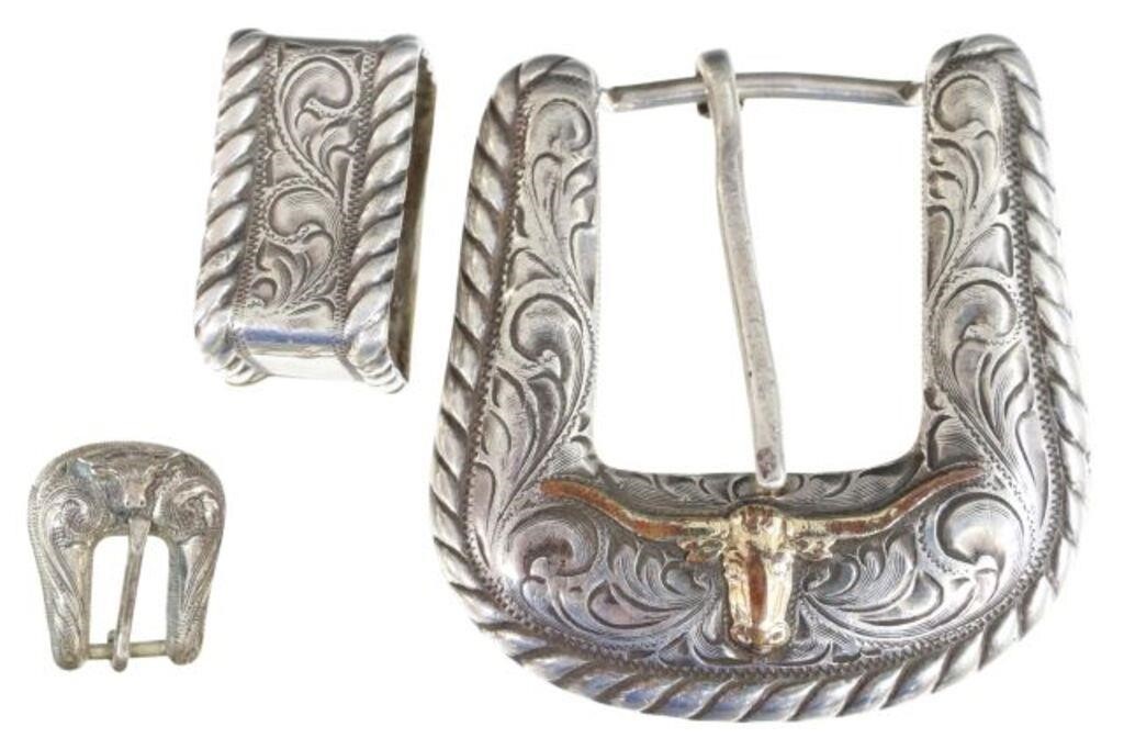 Appraisal: lot Western sterling silver ranger belt buckle set Elk Creek