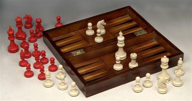 Appraisal: A YEWWOOD AND INLAID FOLDING CHESS AND BACKGAMMON BOX with