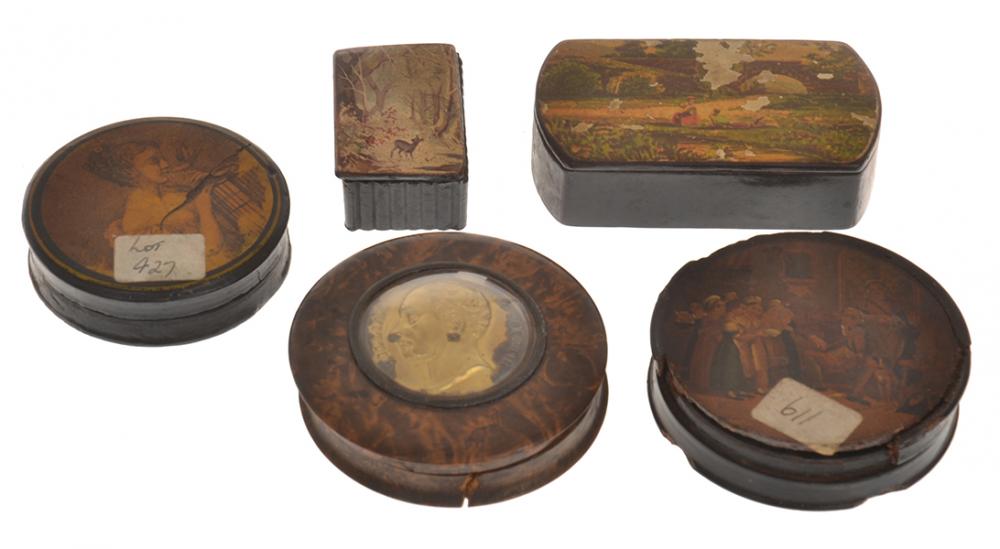 Appraisal: FIVE PAPIER MACHE AND WOODEN TRINKET BOXES WITH SCENED LIDS