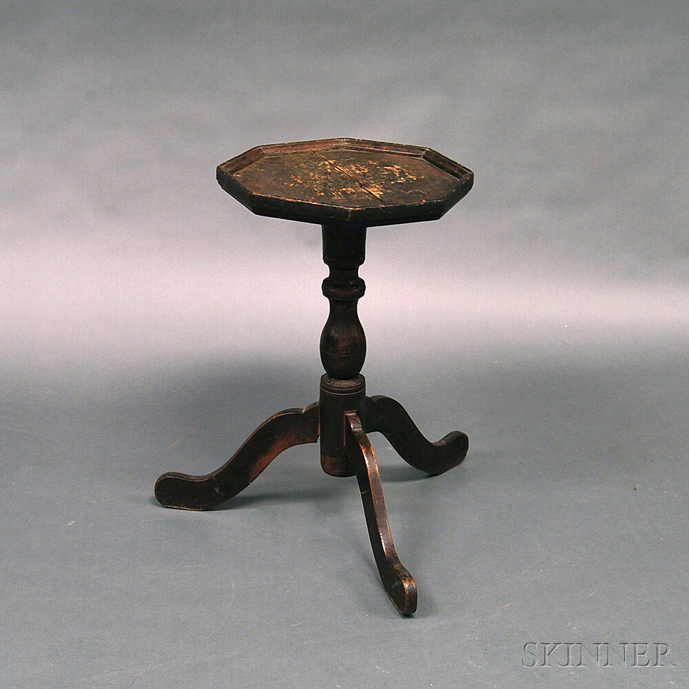 Appraisal: Queen Anne Black-painted Octagonal-top Candlestand America th century the top