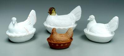 Appraisal: Four glass chicken baskets one chocolate colored - in small