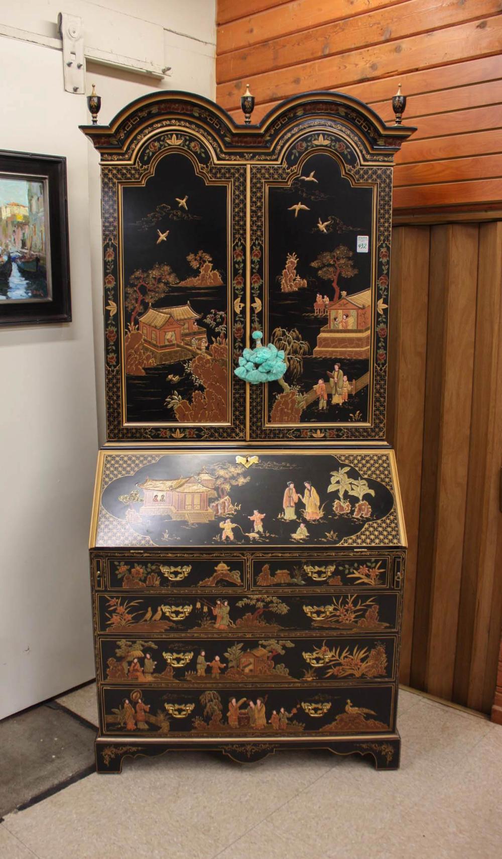 Appraisal: CHINOISERIE SECRETARY BOOKCASE Georgian Furniture Co label Seoul South Korea